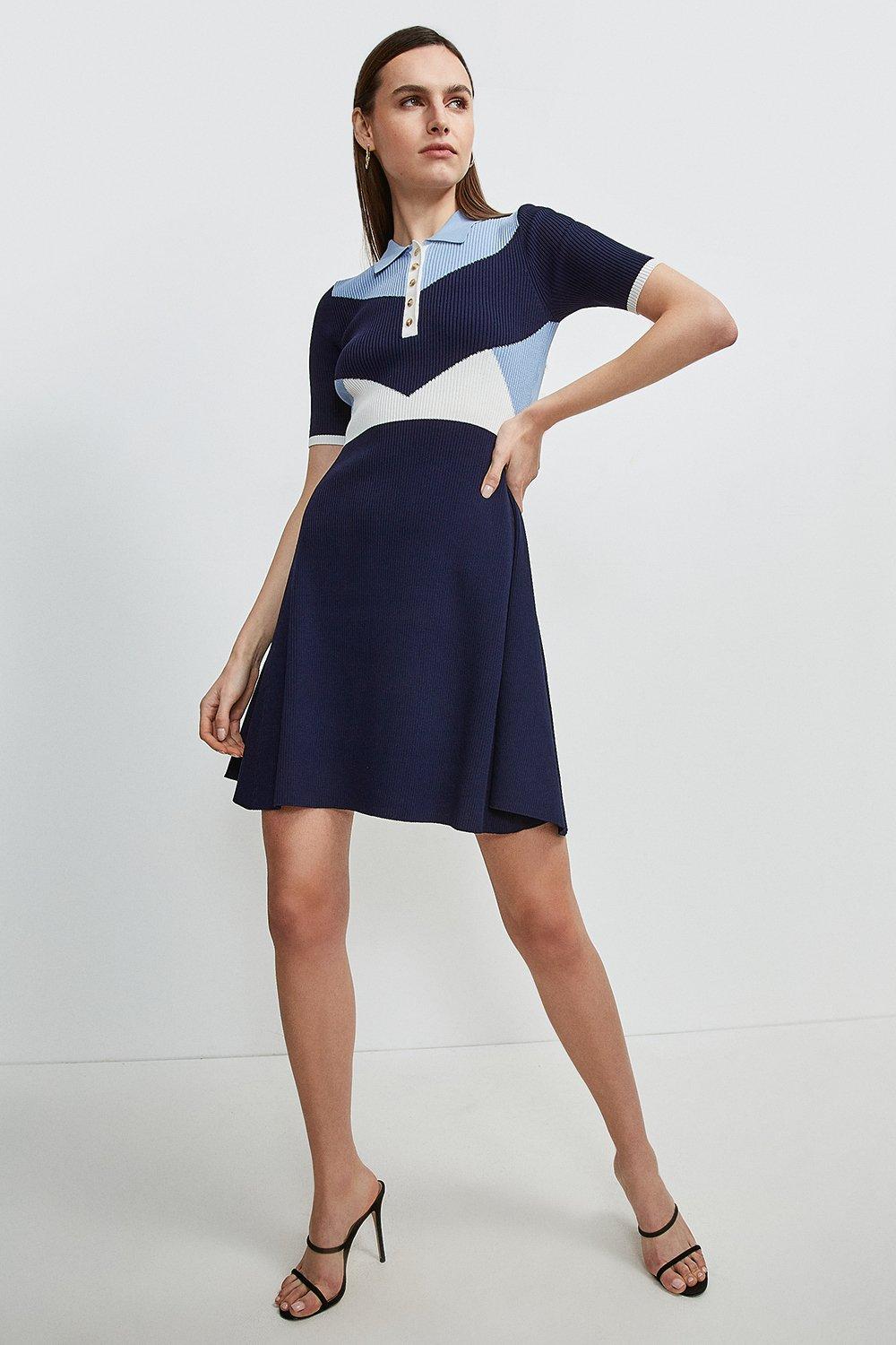 Knitted Rib Collared Skater Dress Karen Millen